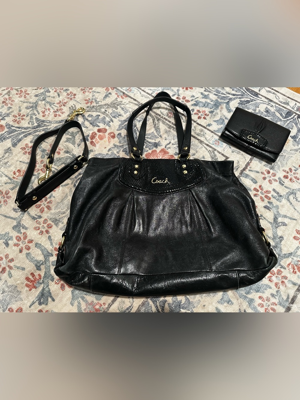 Coach Black Leather Bag with Removable Strap and Matching Wallet